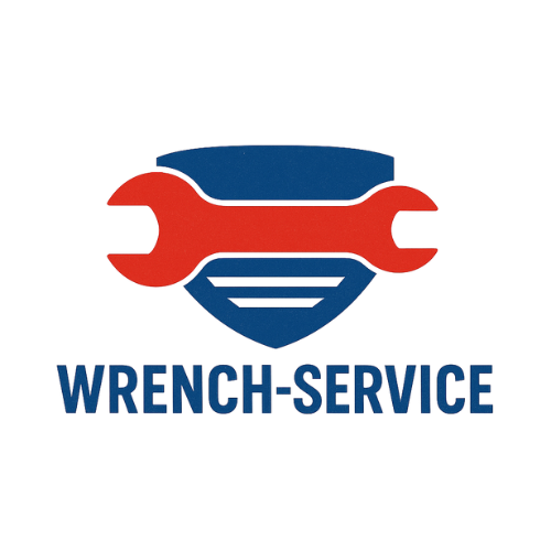 Red and blue wrench logo for mechanical repair service